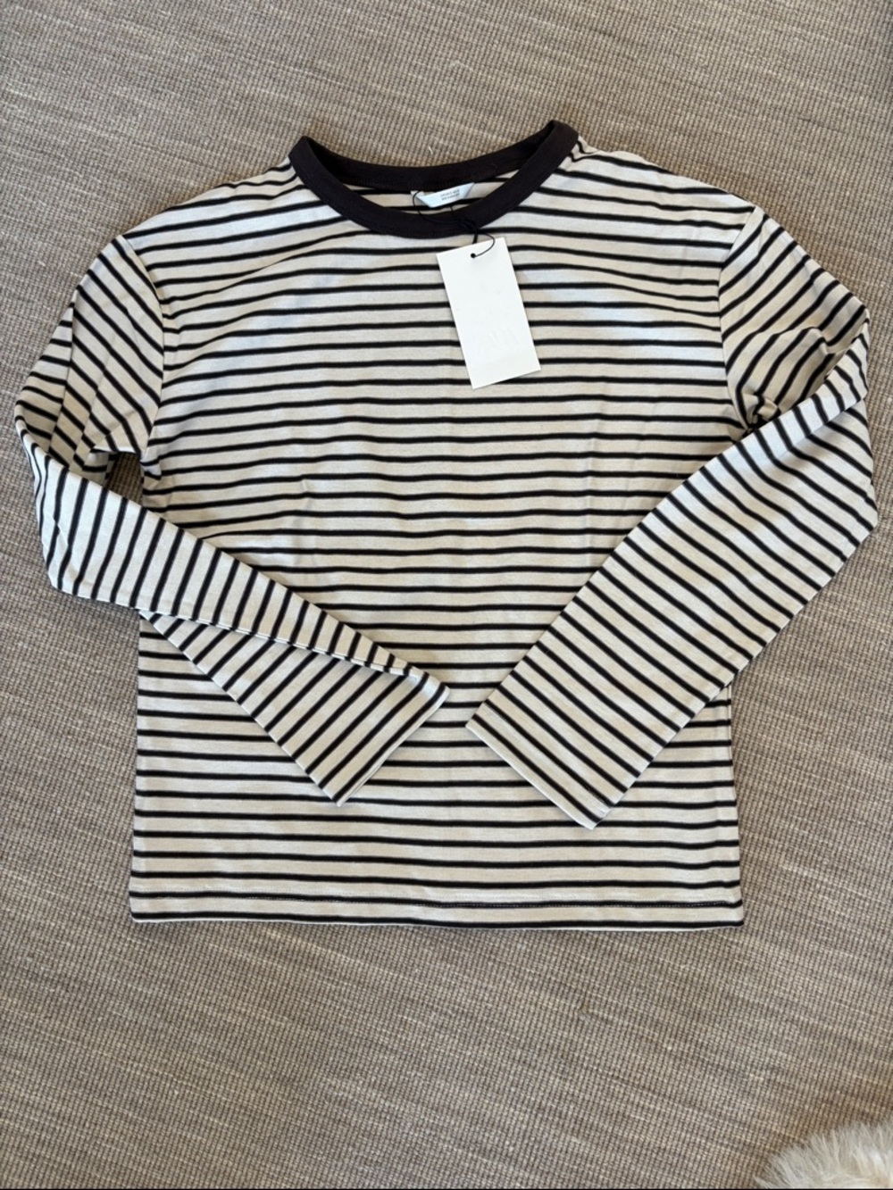 Zara NWT Striped Long Sleeve Crewneck Top - brown & White